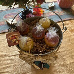 Floating 3D Apple Candles in Galvanized Bucket, Hand Painted Wooden Apple Accent